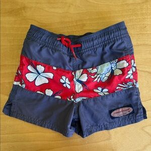Vineyard Vines Navy Swim Shorts with Red Floral Panel